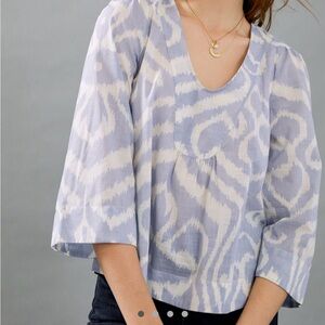 Anthropologie Laverne Relaxed Blue Ikat 3/4 Sleeve Blouse